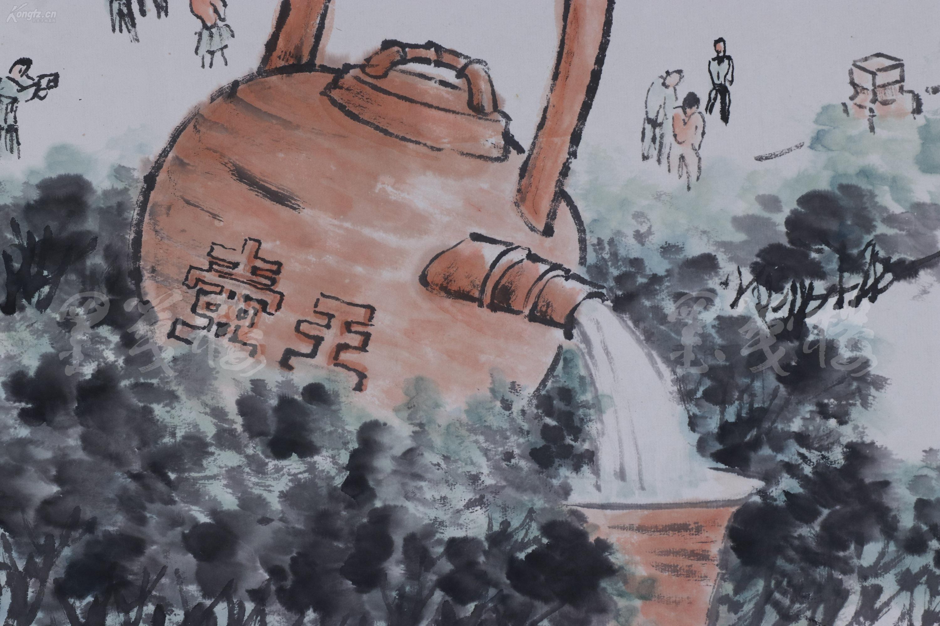 著名画家刘渔存2007年水墨画作品茶香飘十里壶斟四方客一幅纸本立轴