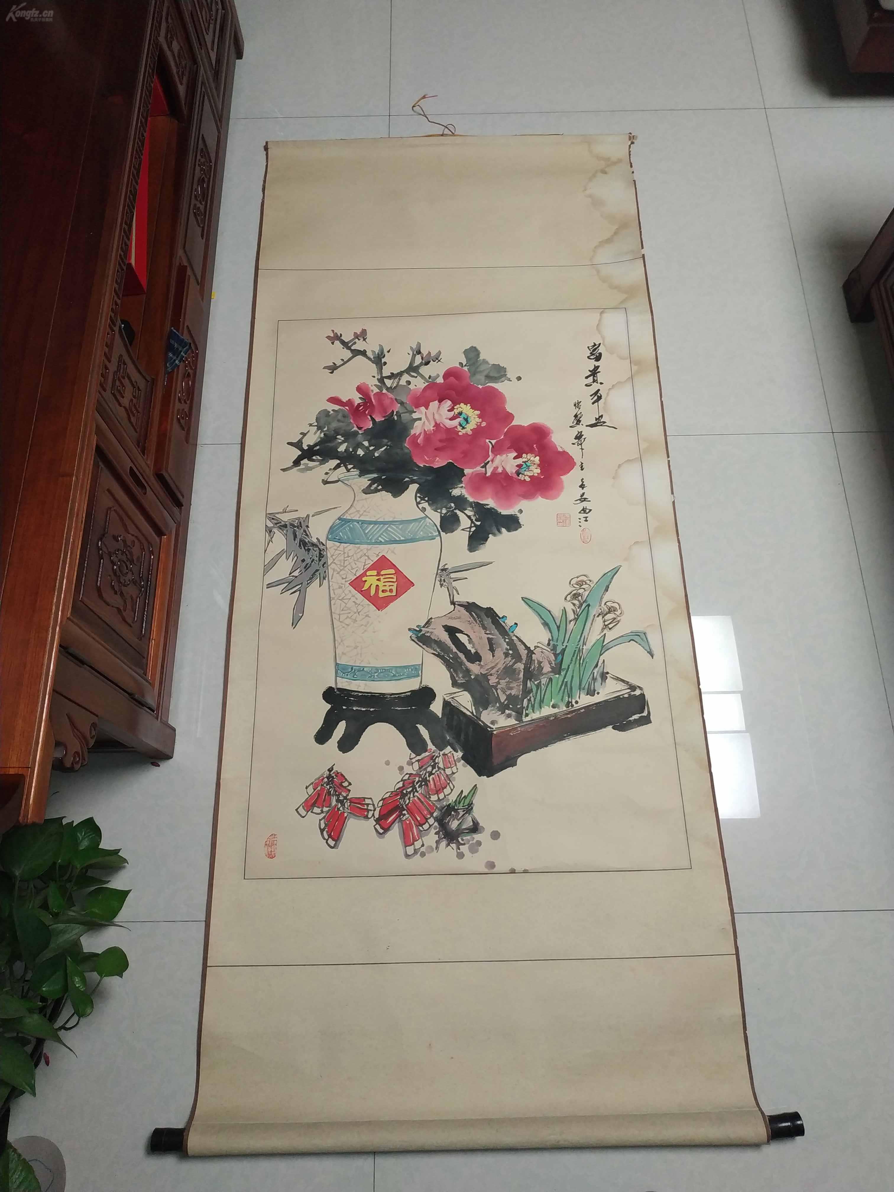 陕西老画家曲江(屈建设)几十年前精作一幅《富贵平安》
