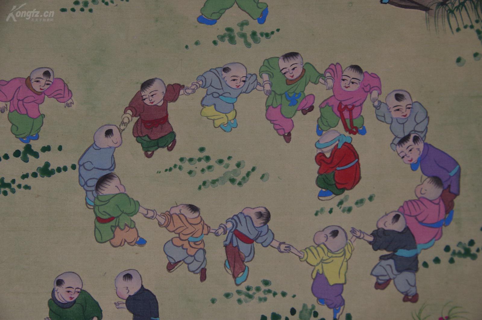 立轴老年画 志良《绢本手绘 年画百子嬉戏图》彩绘唐儿百子图 双木