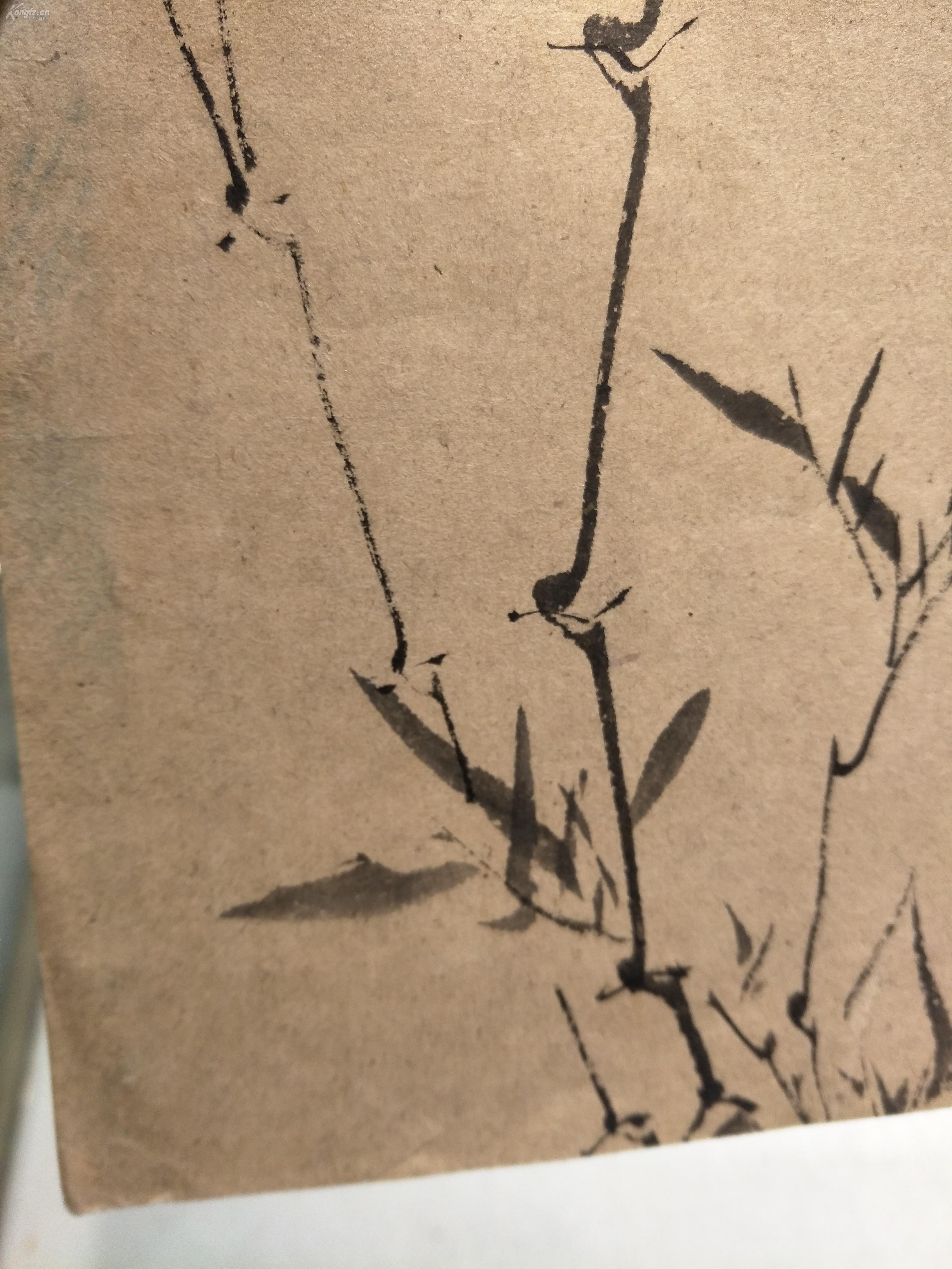 绢本字画,八大山人款竹子,,清代光绪字画册页上撕下来
