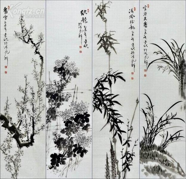 著名画家 王建秋 梅兰竹菊四条屏