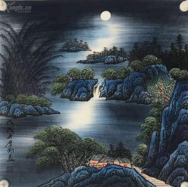 国家一级美术师 陈厚刚 四尺斗方小桥流水月光夜景图9 有山有水有人家