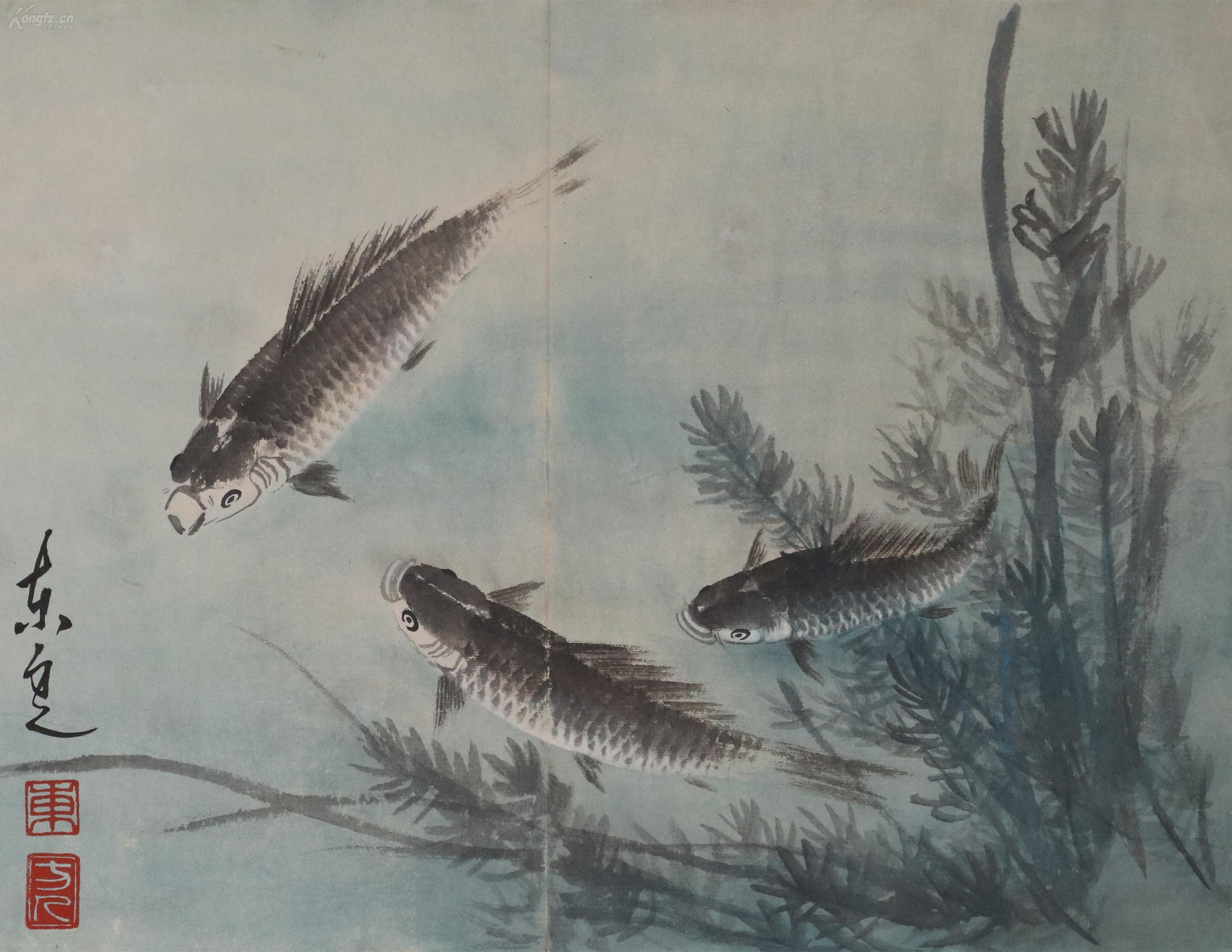 近现代画鱼名家东方人册页4张