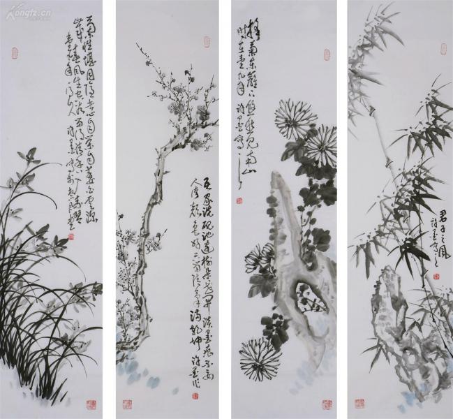 著名画家 《许墨》水墨梅兰竹菊四条屏.