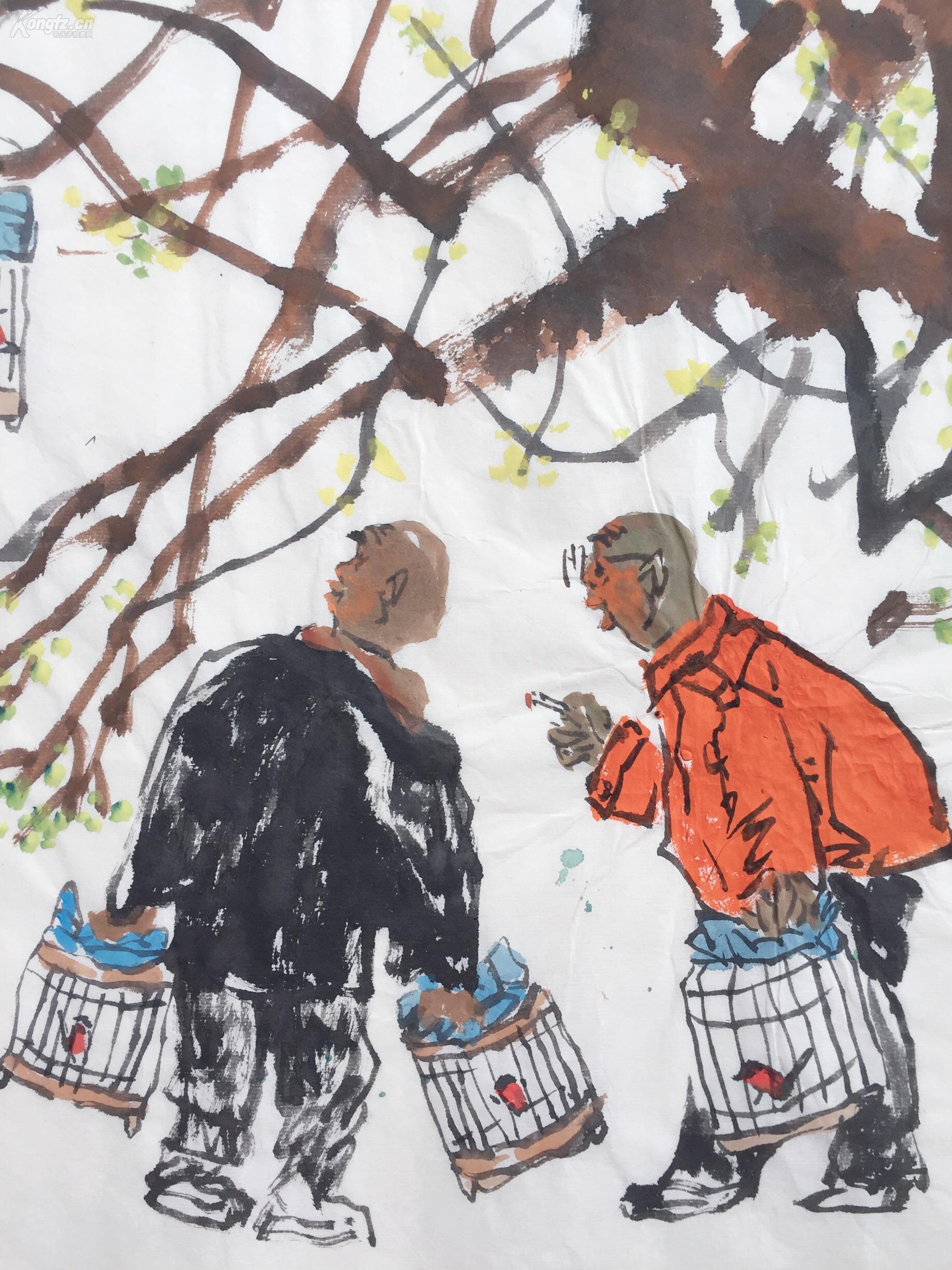 【老北京水墨人物画-遛鸟图 李尤早期书画作品真迹