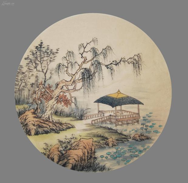 纯手绘真迹圆扇仿古山水国画书房装饰圆形字画心