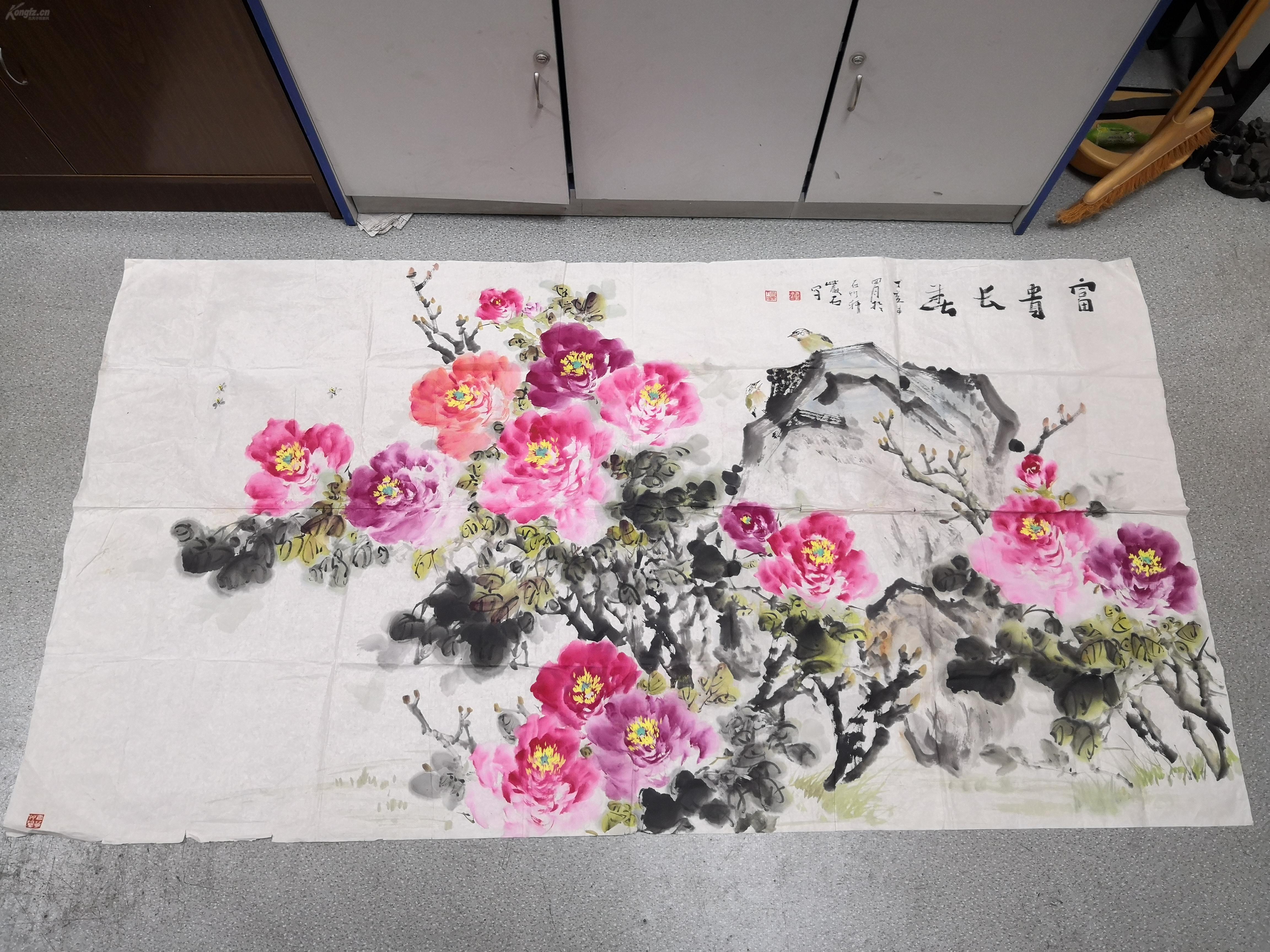 著名画家严石牡丹花鸟图一幅