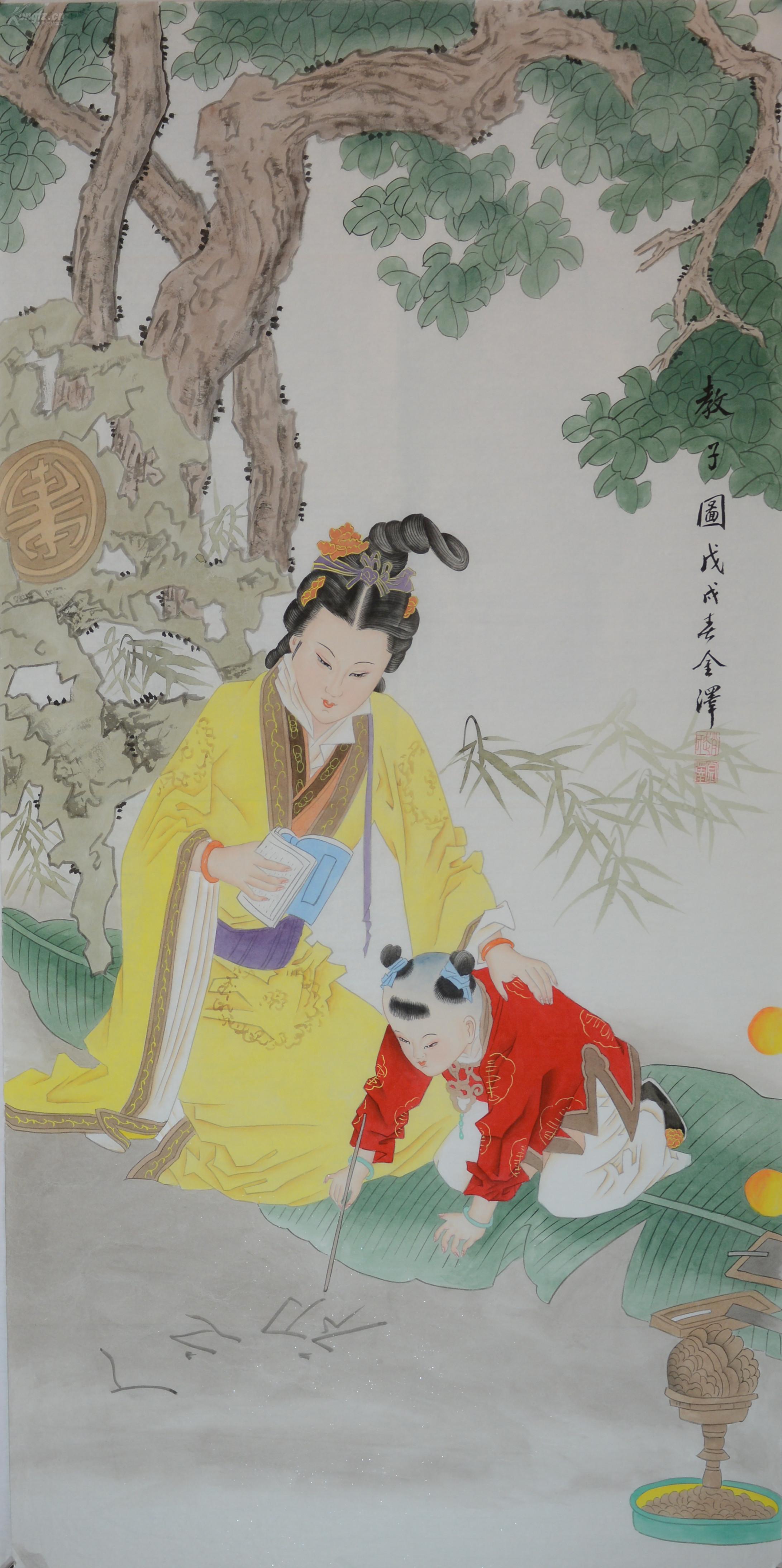 当代画家赵老师中堂教子图软片(四尺工笔教子图 四尺对开对联).