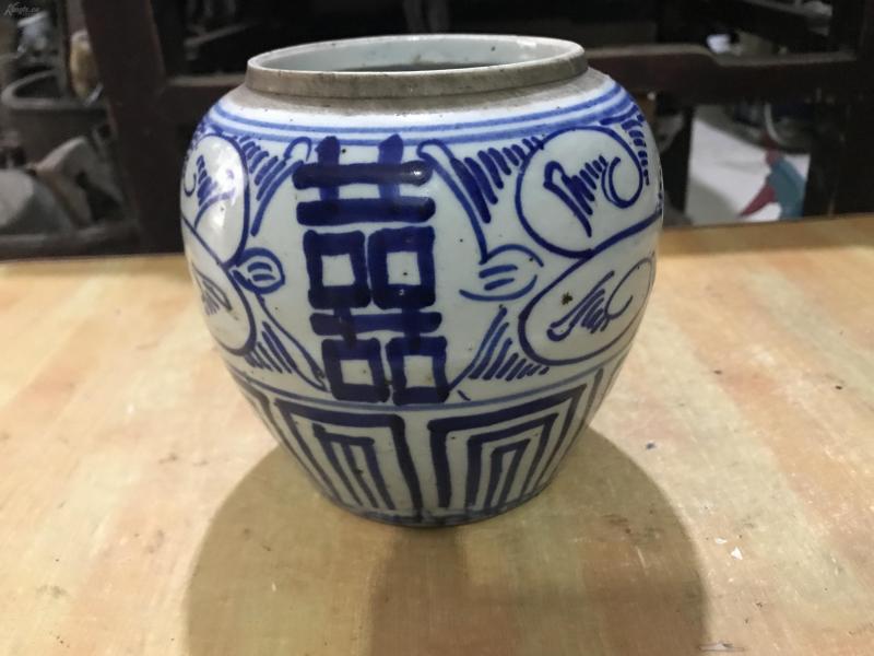 清末民初的青花喜字罐,包老完整