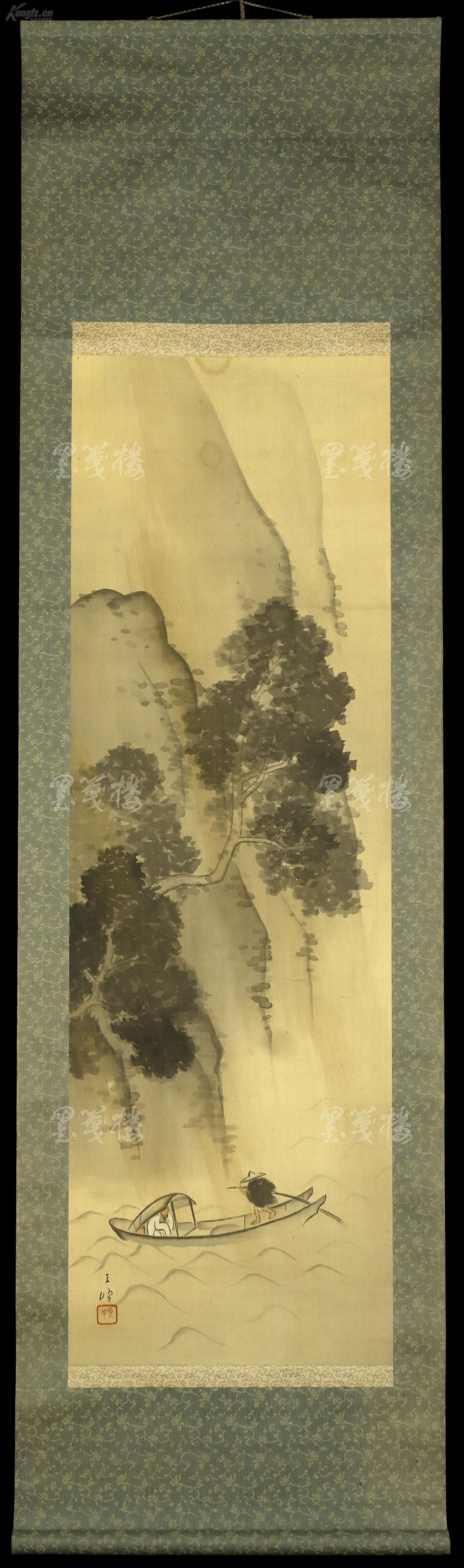 日本画家 栎文峰(1891-1970 水墨山水"舟行璧仞下"一幅(绢本立轴,约