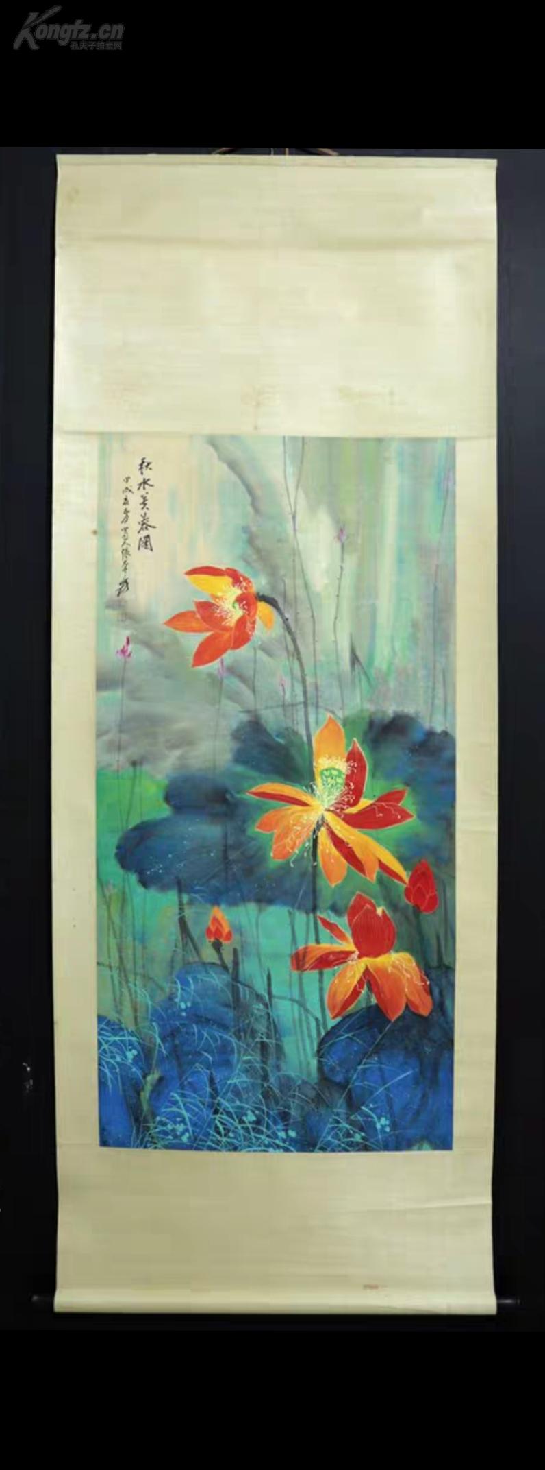 纯手绘张大千重彩荷花 !装裱:92*200厘米画芯:135*65厘米!