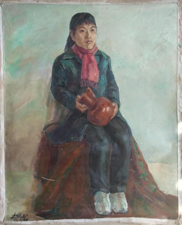 签名油画"抱陶罐的女人(64x80cm/2005.11)091005