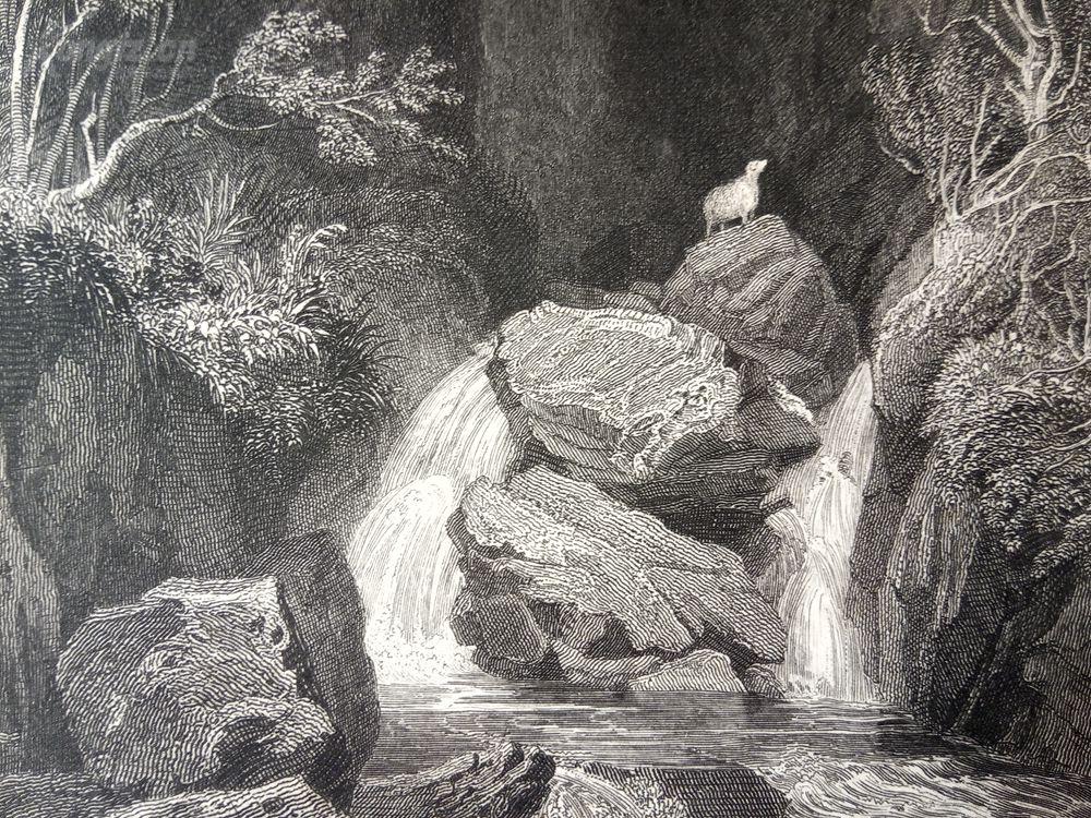 19世纪钢版画《地牢峡谷瀑布,威斯特摩兰郡,英格兰》(dungeon gill