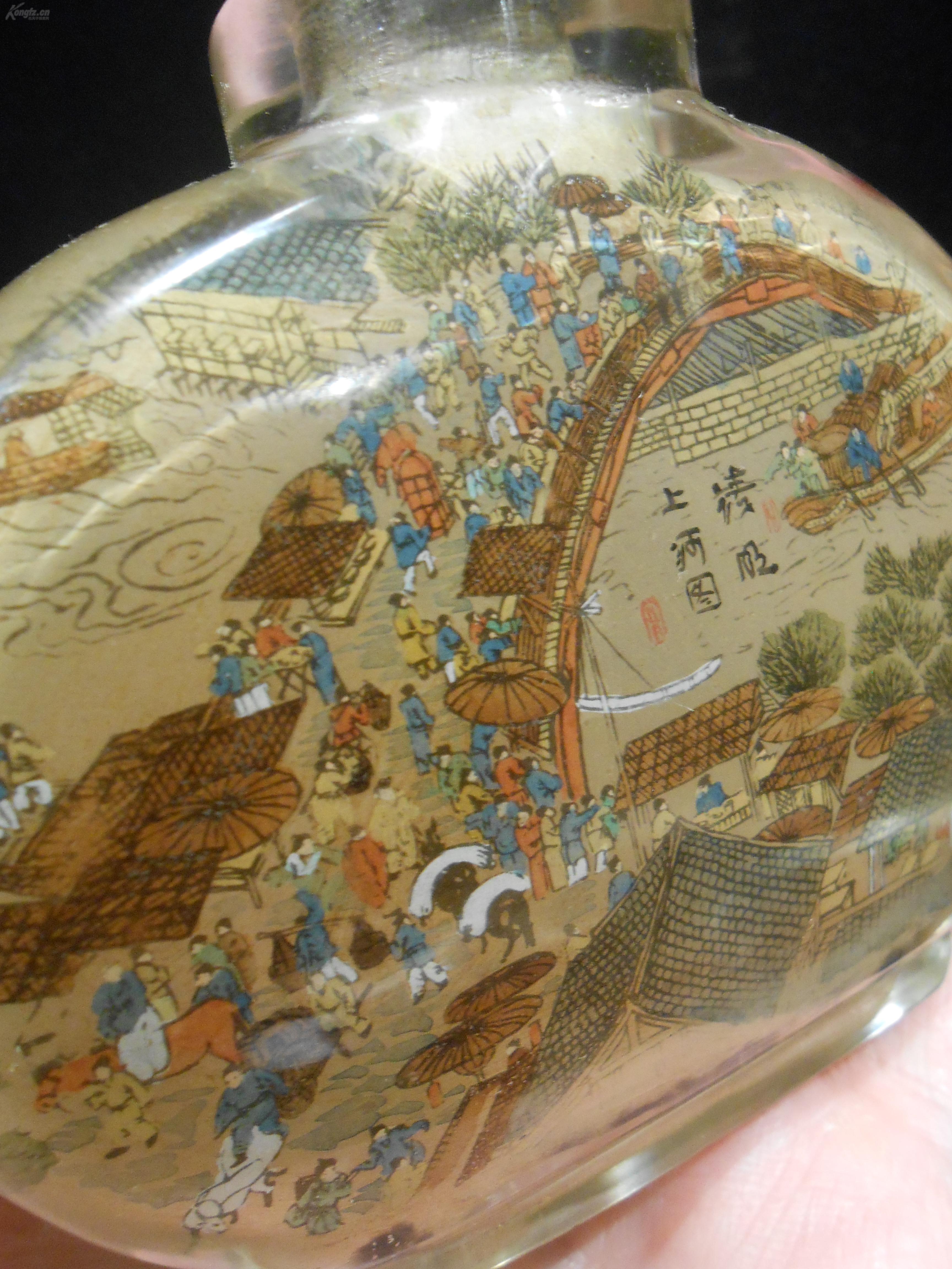 清明上河图老料器琉璃鼻烟壶,双面内画彩绘清明上河图