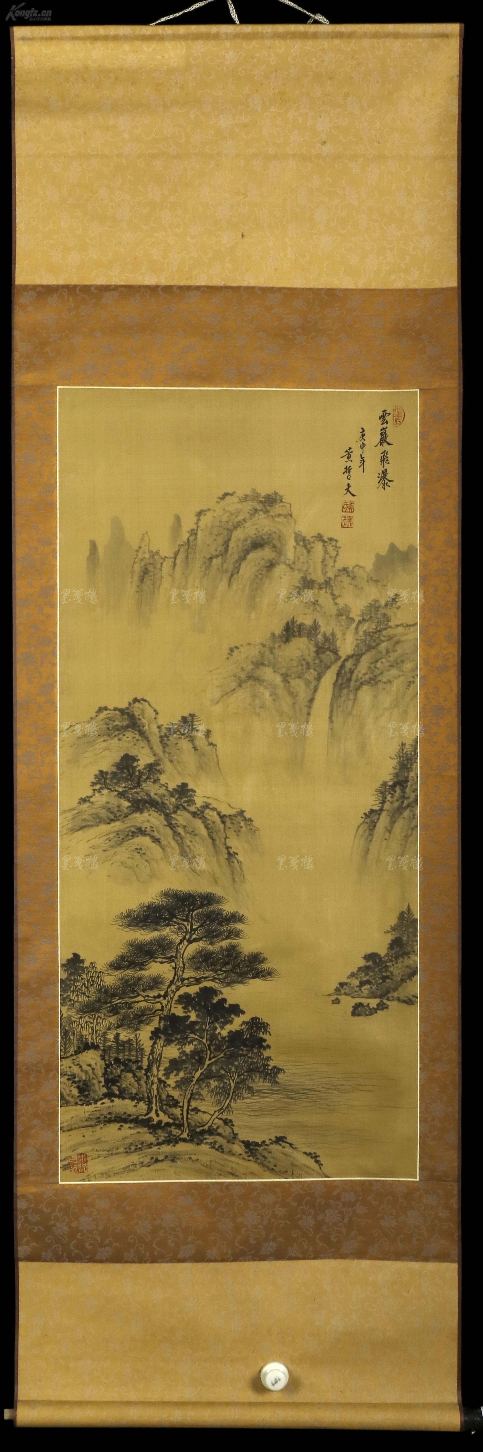 日本回流原装旧裱台湾著名画家黄哲夫水墨山水画作品云岩飞瀑一幅绢本