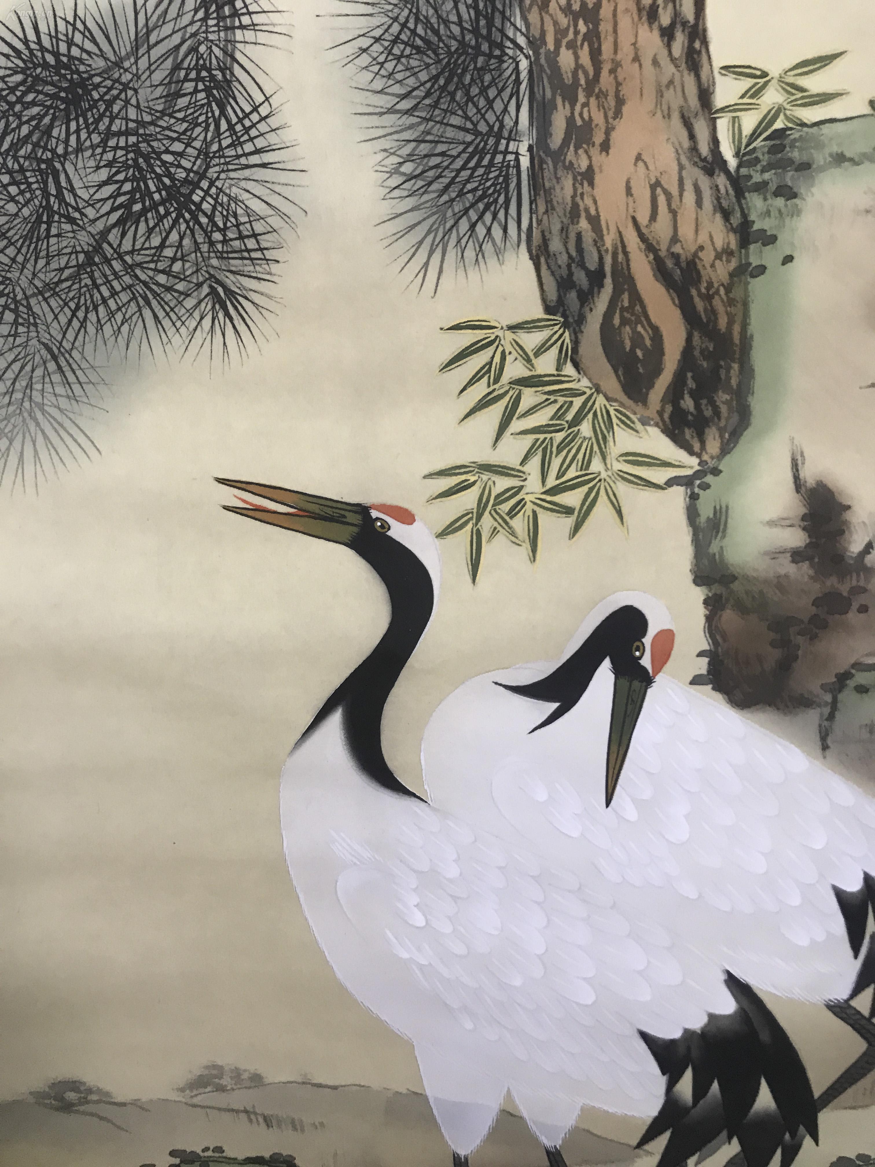 日本回流原装旧裱东清水墨画松鹤延年一幅绢本立轴画心约38平尺钤印东