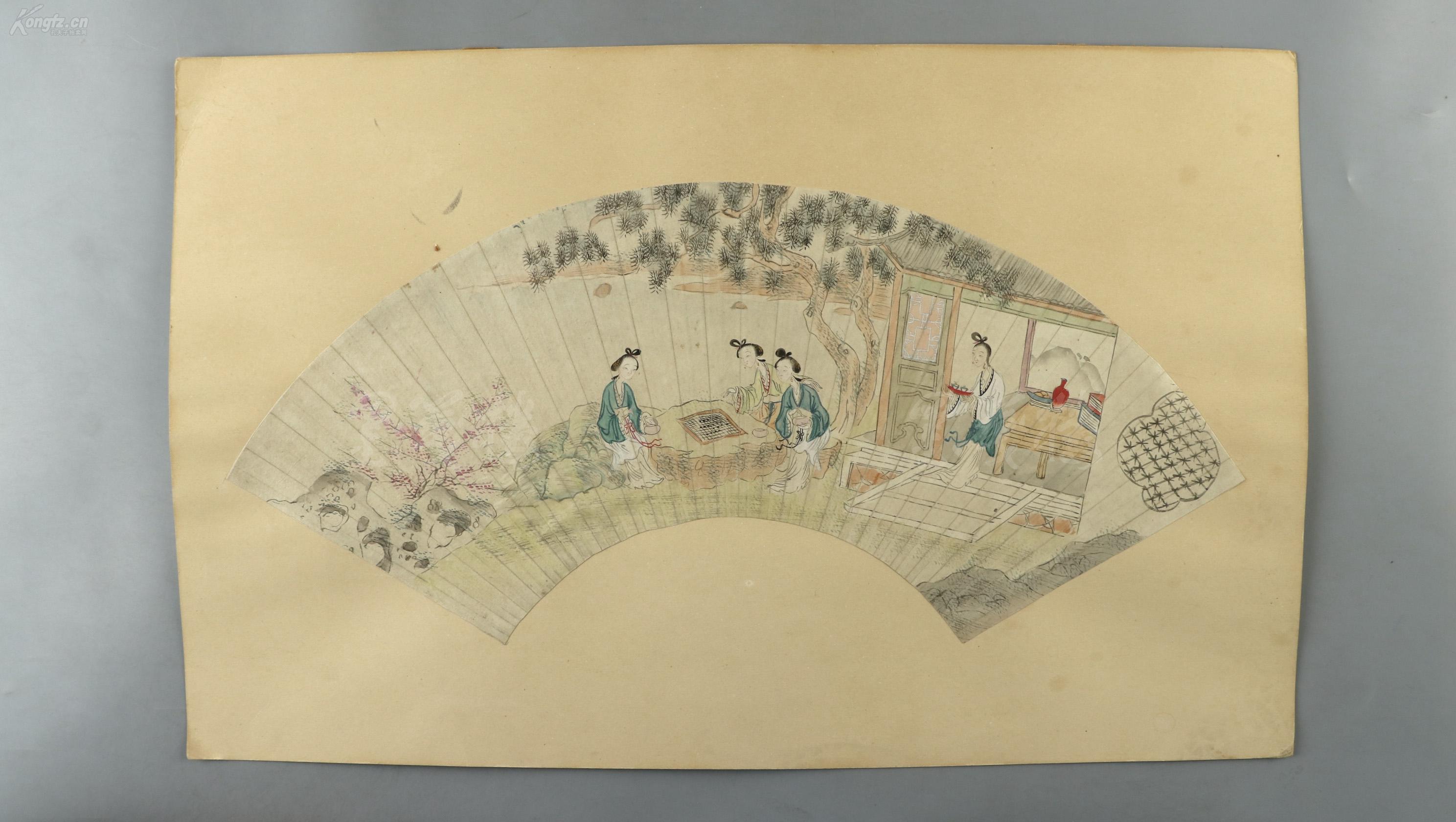 清代 佚名 水墨工笔画"群芳弈棋图"扇面一幅(纸本托片 hxtx305443