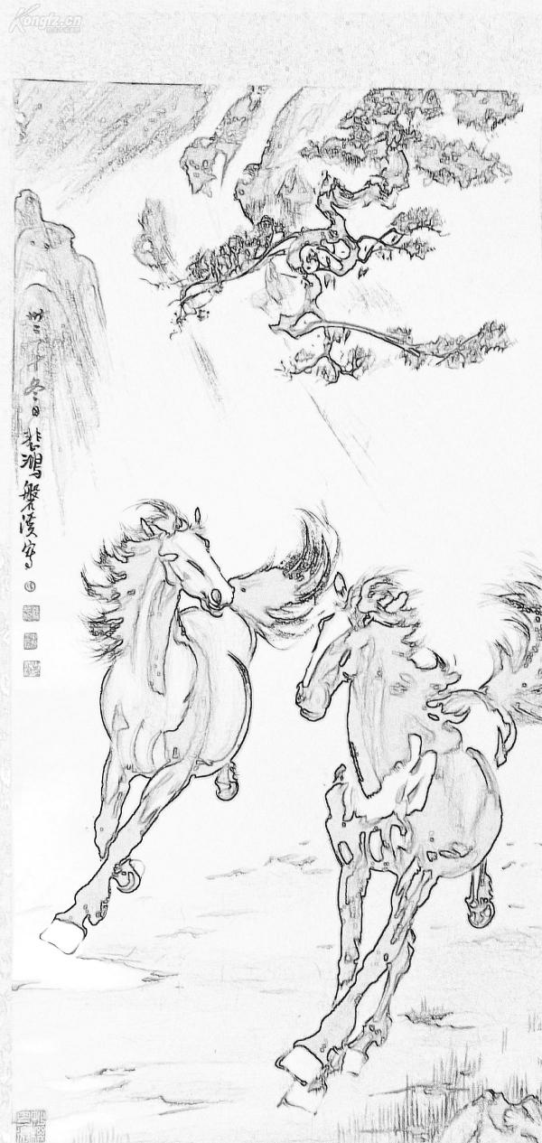 徐悲鸿双马图水印精品