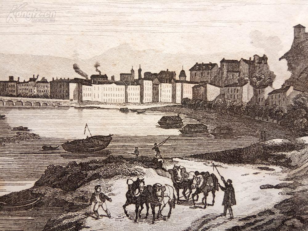 19世纪钢版画《索恩河和罗讷河交汇处的里昂,法国》(lyon)-- 出自