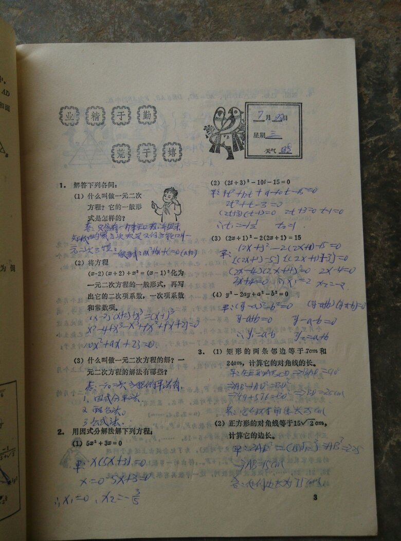 初中一年级数学暑假作业