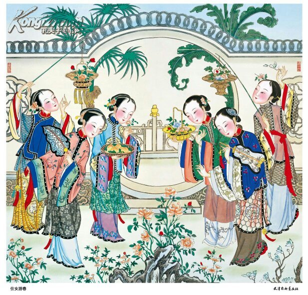 传统胶印年画 仕女游春图