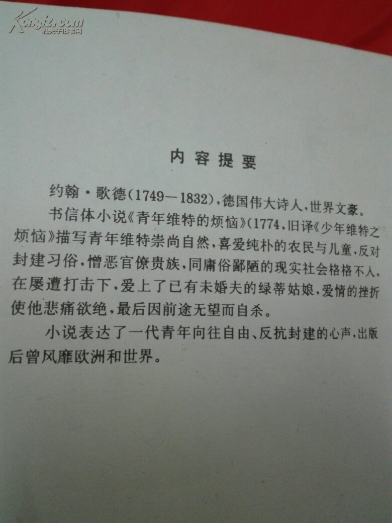世界名著96年1版1印3千歌德书信体小说《青年维特之烦恼》(旧译《少年