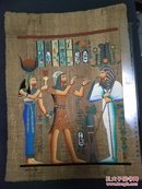 埃及法老艳后宫廷风格三人彩头像，埃及国粹特色草纸画，彩绘有阿拉伯文签名阿拉伯风格，精美