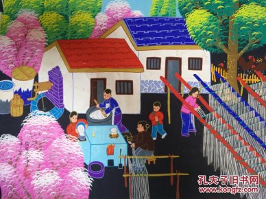 户县农民画代表人物,享誉世界女画家潘晓玲画,小康之家一幅精装裱