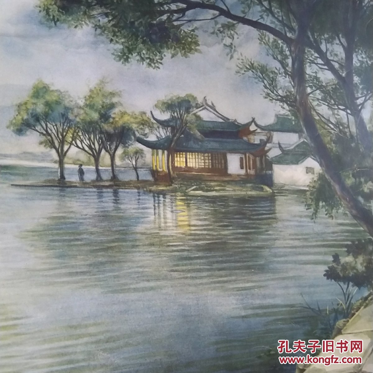民国水彩画硬纸印刷《西湖风景之四 泛舟西湖 平湖秋月图》志厂 绘