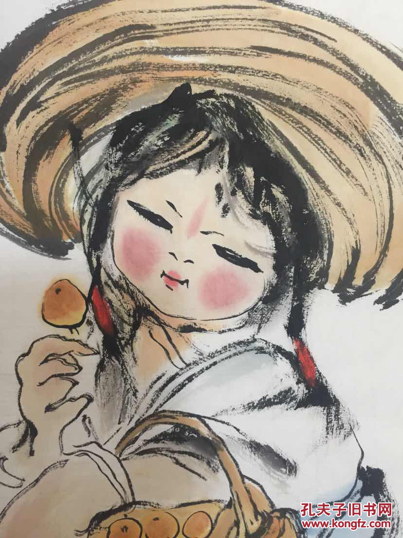 "饲鸡图"镜心,笔法精绝,线条精审,人物一气呵成,些须晕染,楚楚传神