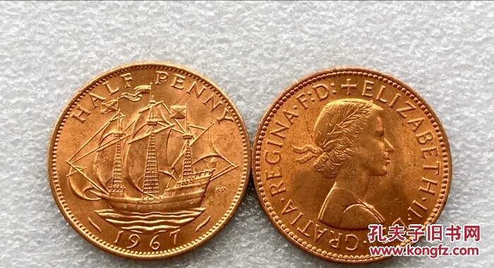 英国硬币1967年半便士帆船铜币 伊丽莎白女王 原光全新好品 25mm
