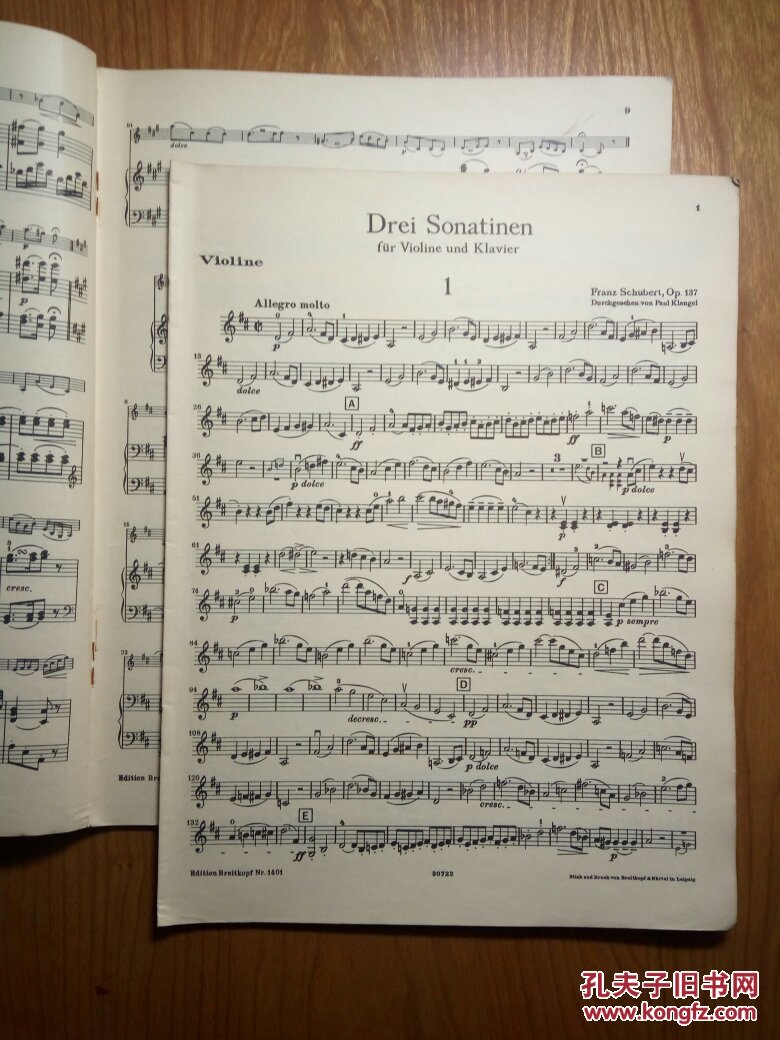 德文原版老乐谱:小奏鸣曲集 作品137 舒伯特(小提琴,钢琴)分谱完整