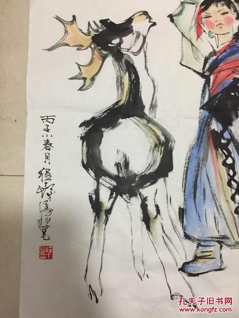 "饲鹿图"镜心,笔法精绝,线条精审,人物一气呵成,些须晕染,楚楚传神