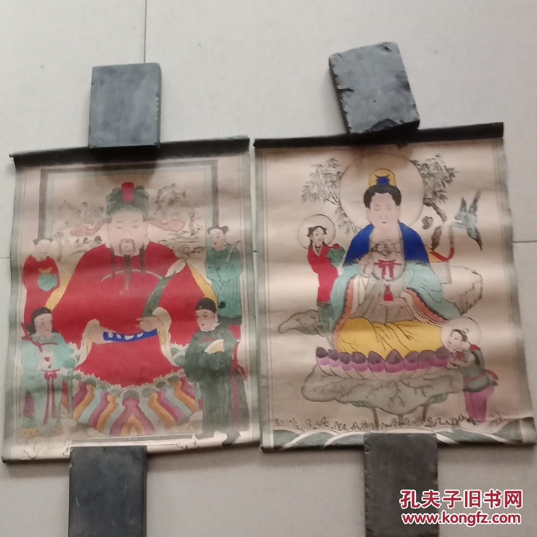 民国木板财神观音一对2
