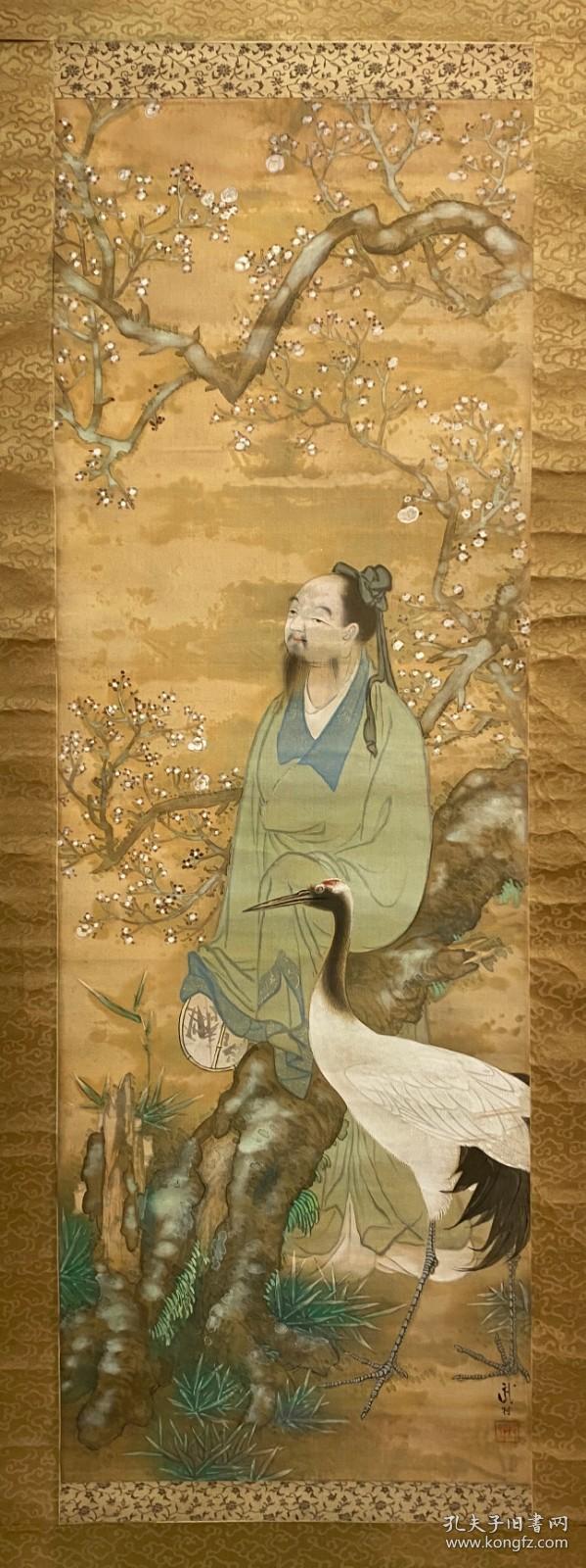 日本回流字画原装旧裱t112武村绘林逋林和靖梅妻鹤子图包邮