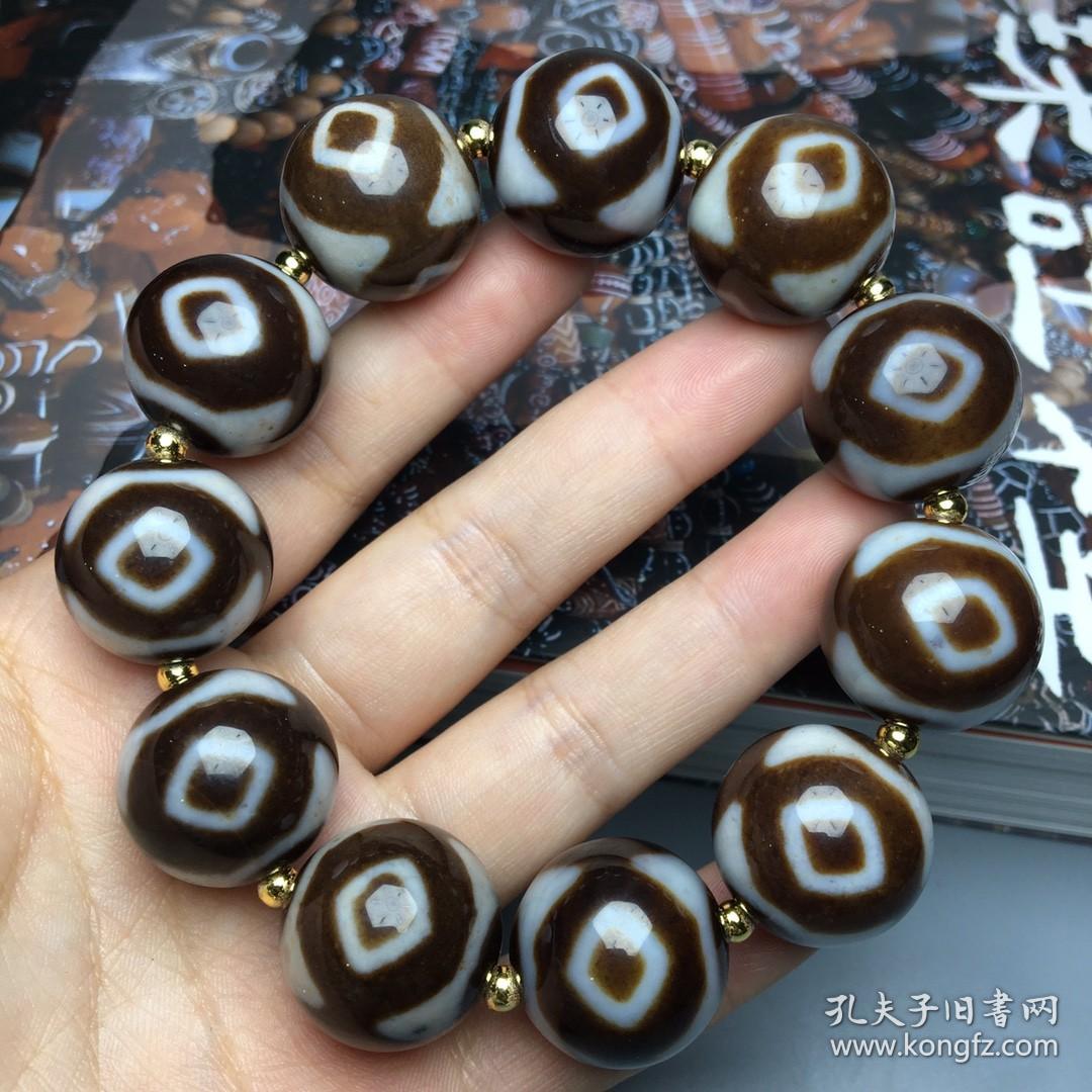 藏传古珠老料高油包浆金刚三眼天珠手链尺寸20毫米11颗