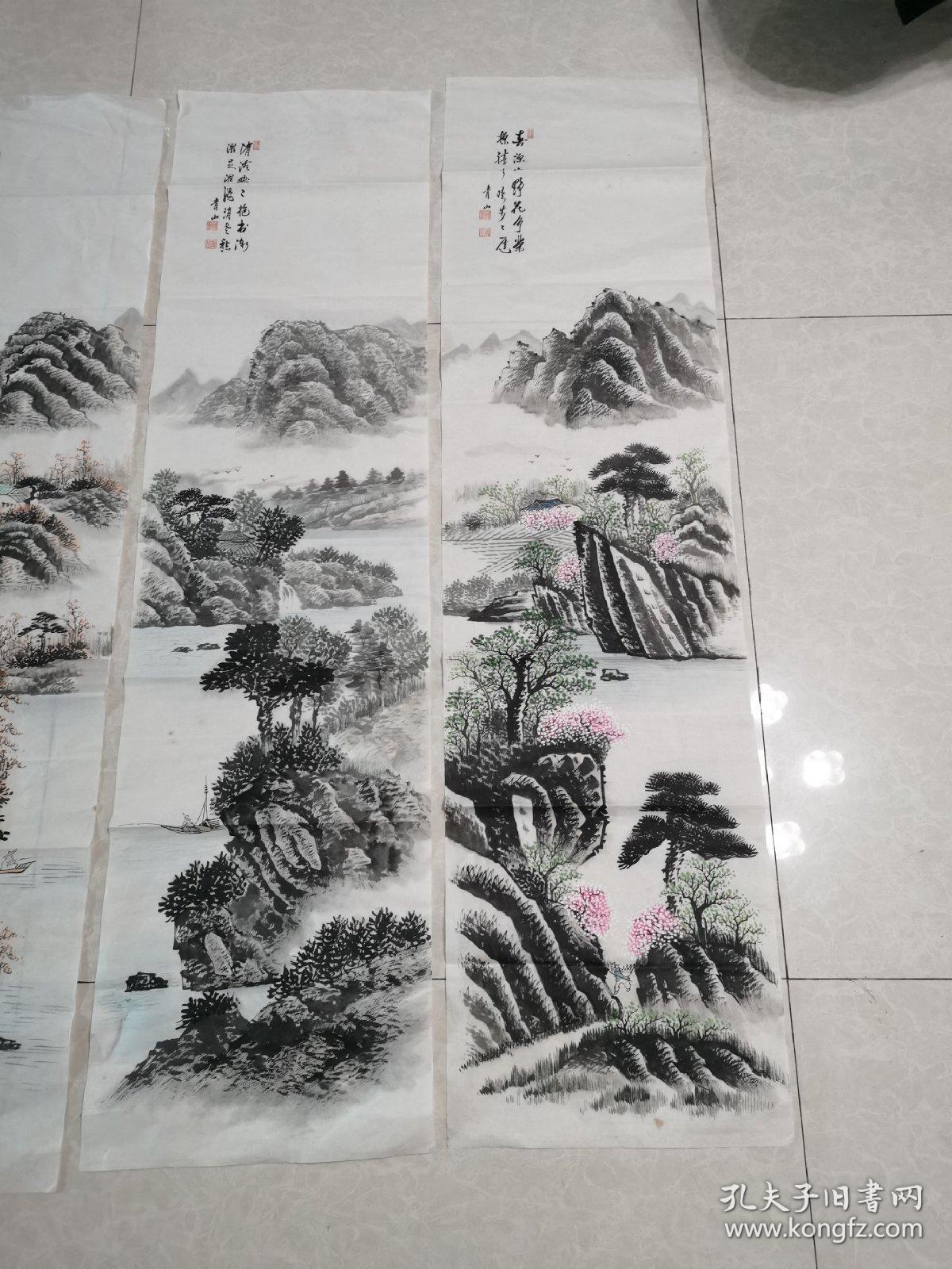 精美山水画四条屏春夏秋冬之二136x35㎝落款青山纯手工绘制