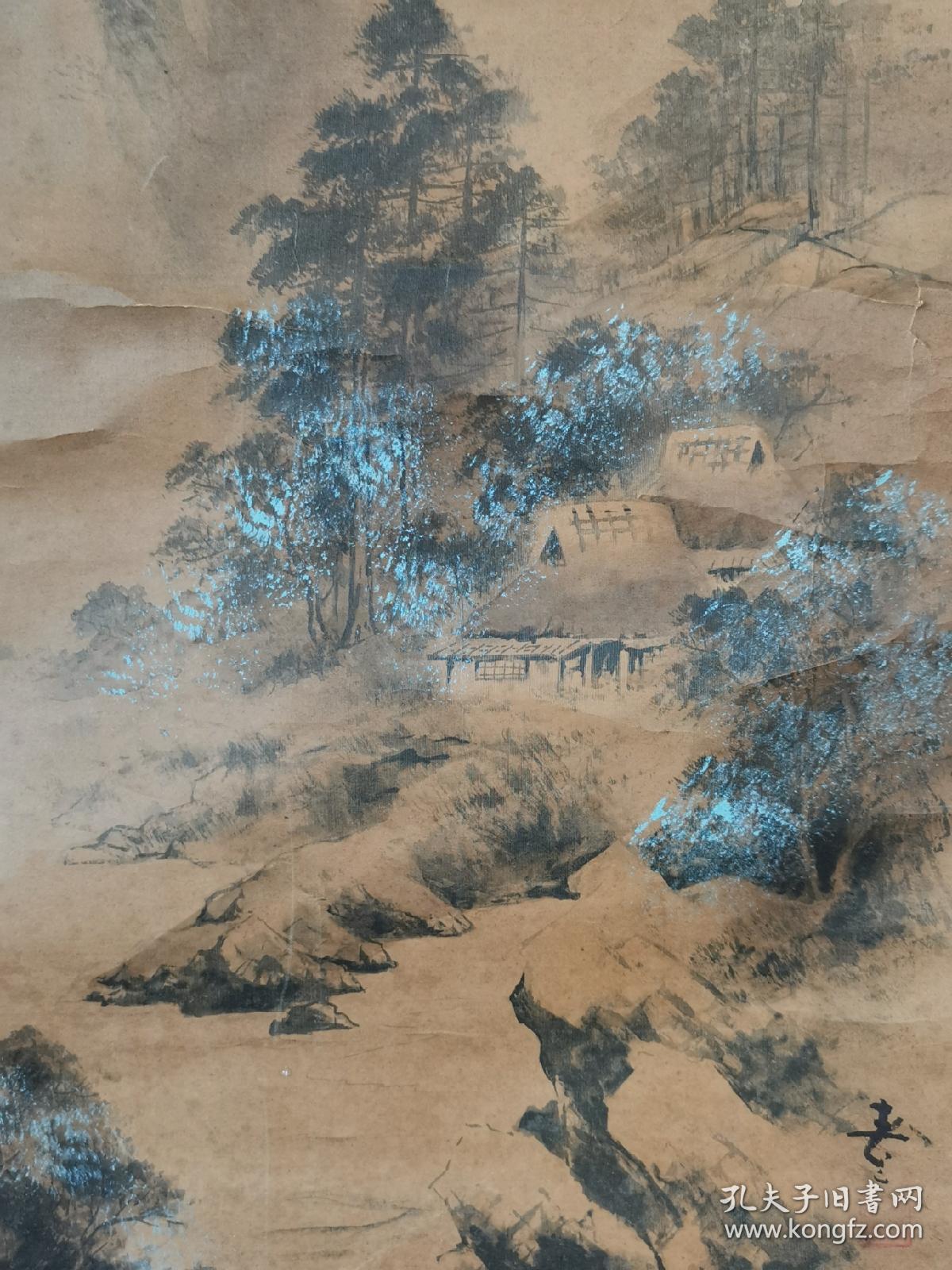 日本山水画挂轴绢本绫裱春山款画芯9039纸色和装裱都比较老背面有粘补