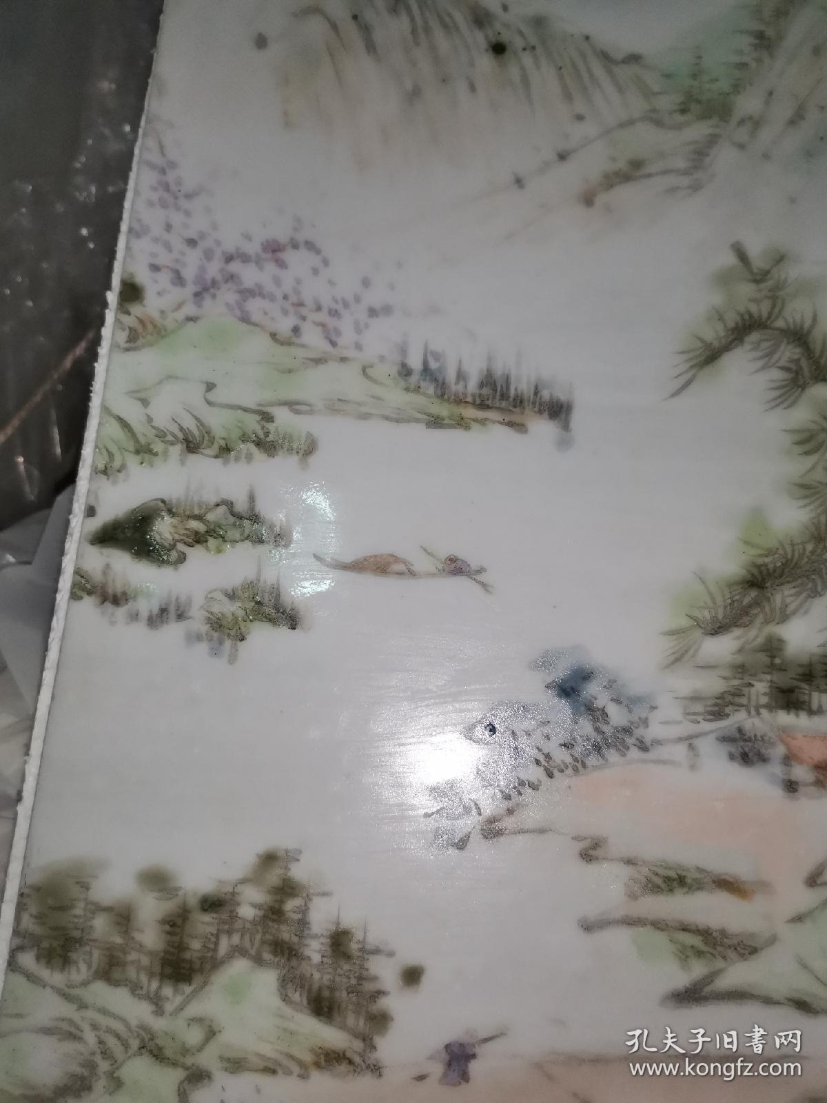 民国浅绛彩山水瓷板画长30厘米程门作画工精妙溪山泛舟高士隐居烟岚