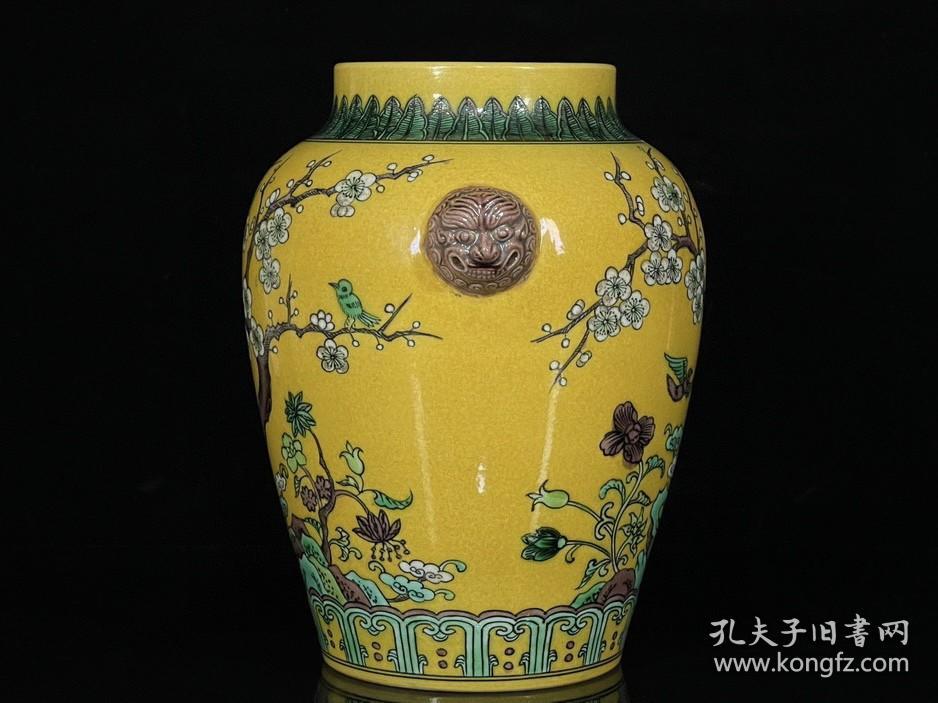 清代瓷器精品老货收藏清康熙素三彩花鸟纹兽头罐1