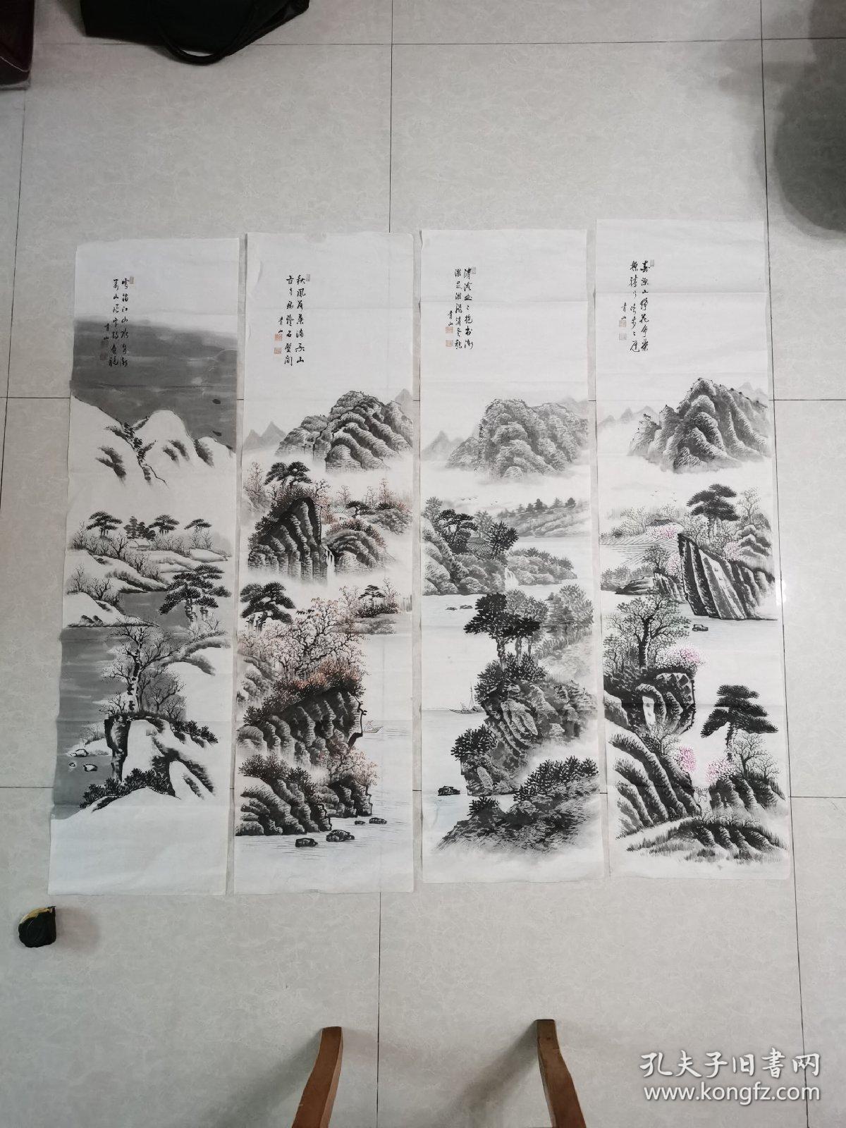 精美山水画四条屏春夏秋冬之二136x35㎝落款青山纯手工绘制