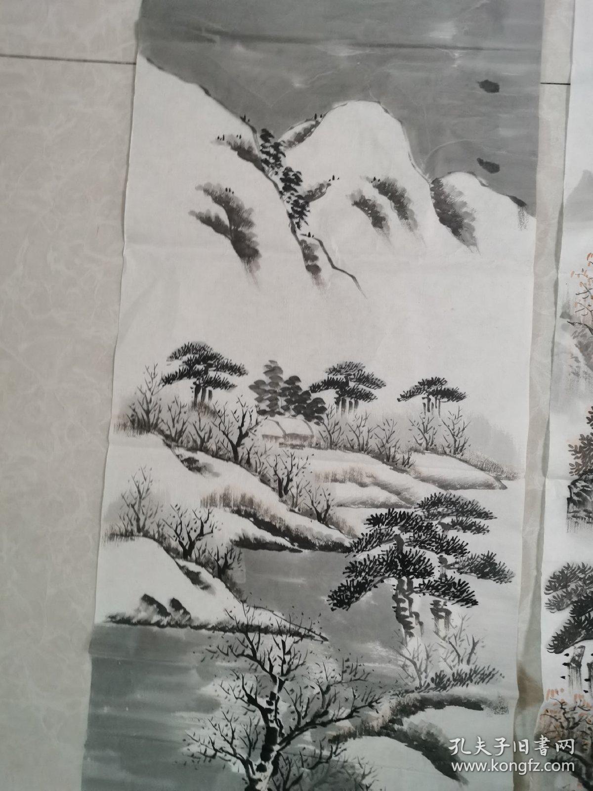 精美山水画四条屏春夏秋冬之二136x35㎝落款青山纯手工绘制