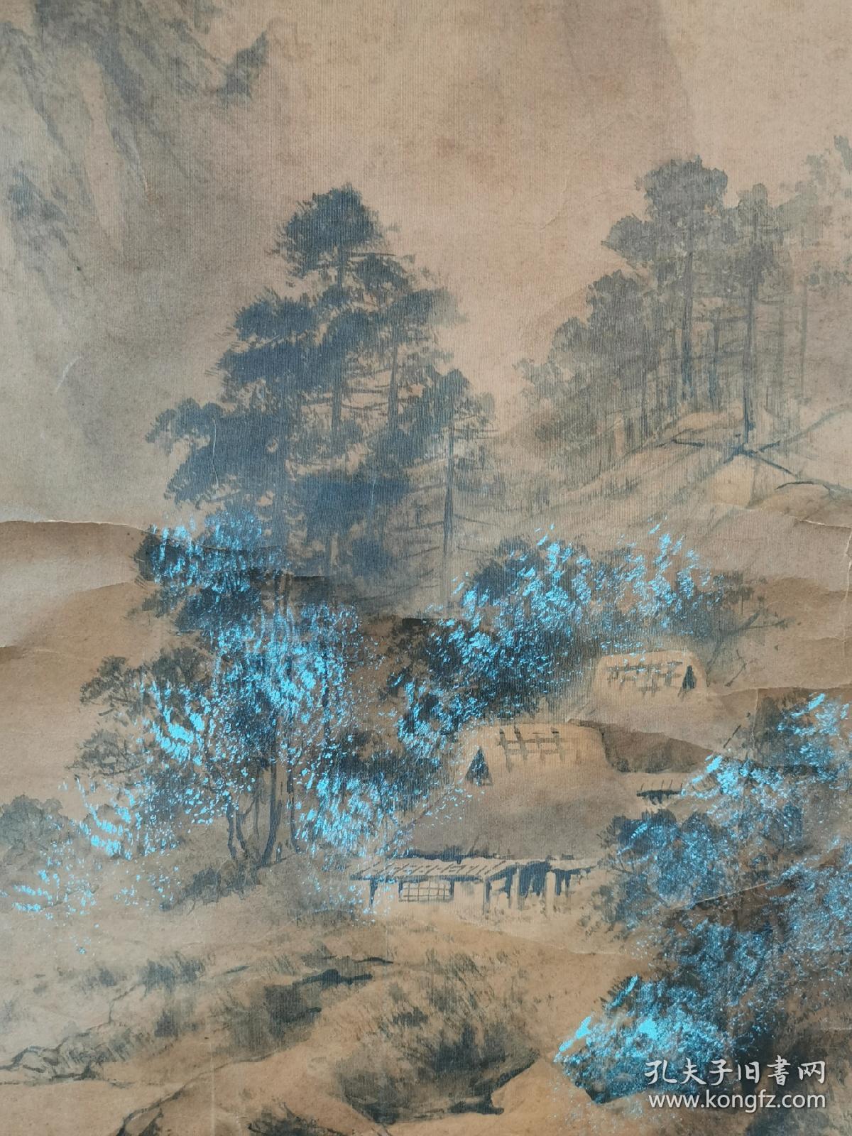 日本山水画挂轴绢本绫裱春山款画芯9039纸色和装裱都比较老背面有粘补