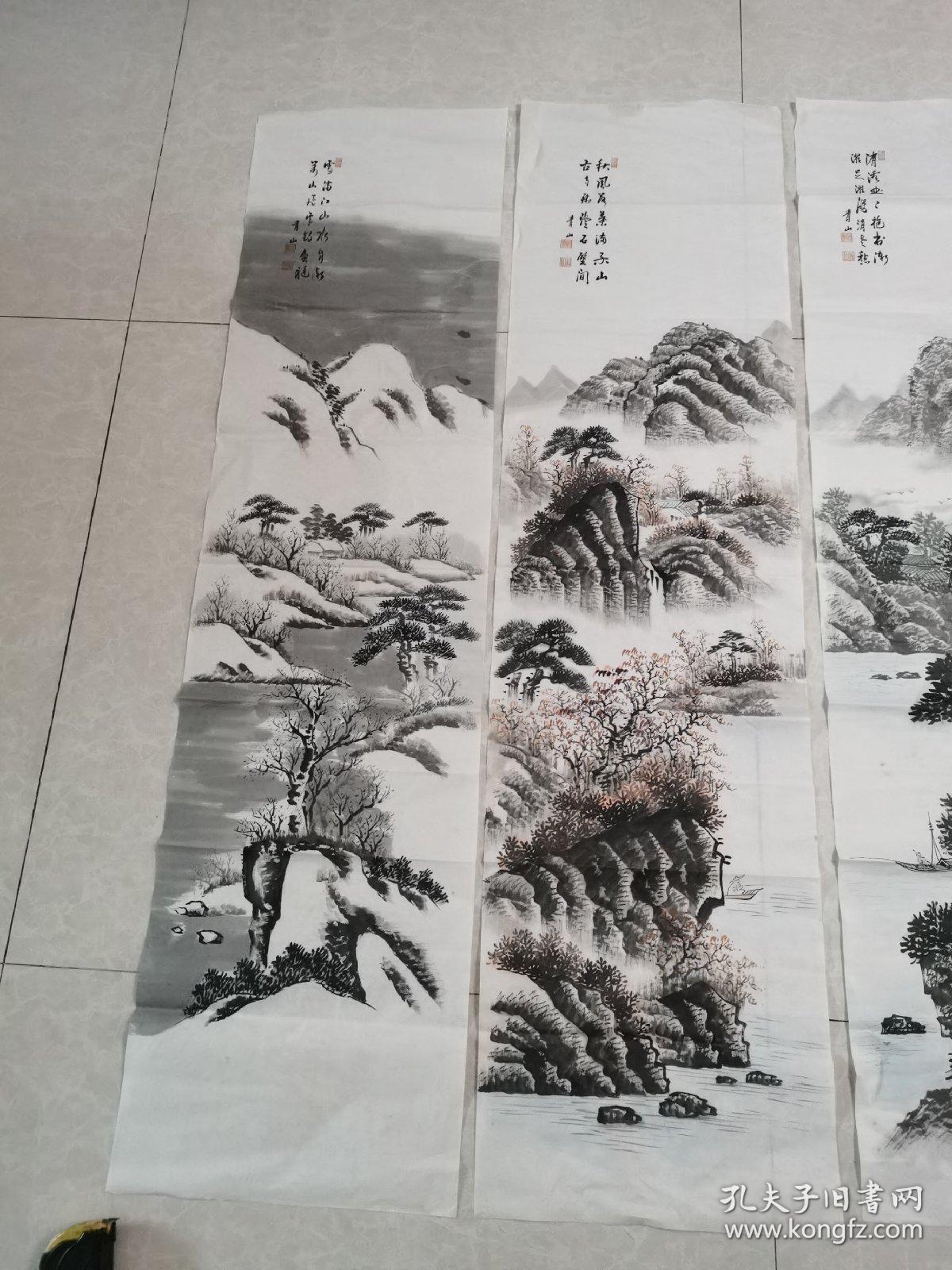 精美山水画四条屏春夏秋冬之二136x35㎝落款青山纯手工绘制