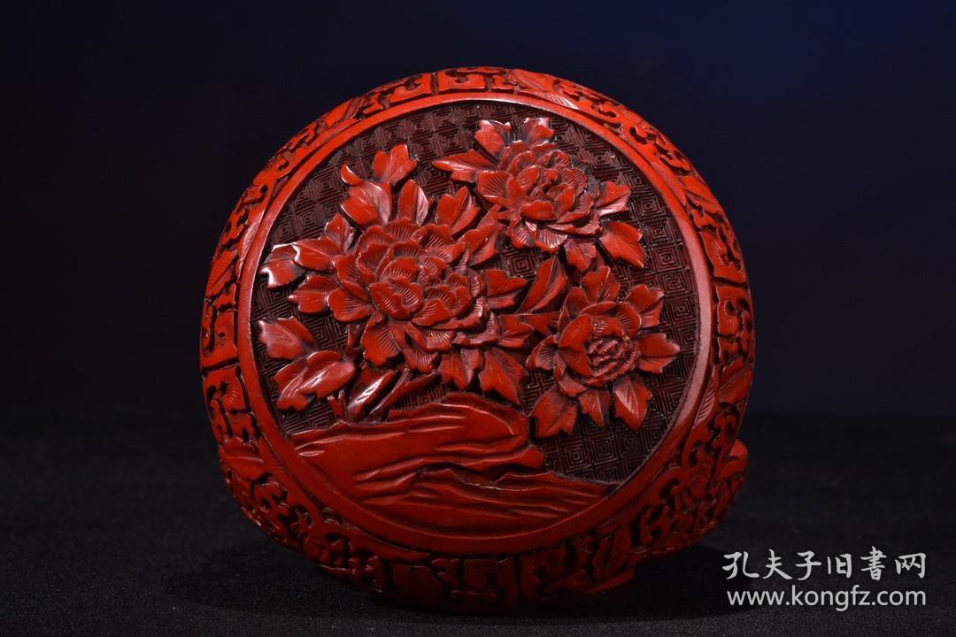 剔红漆器玉堂富贵手捧盒直径15cm高7cm重406克9f