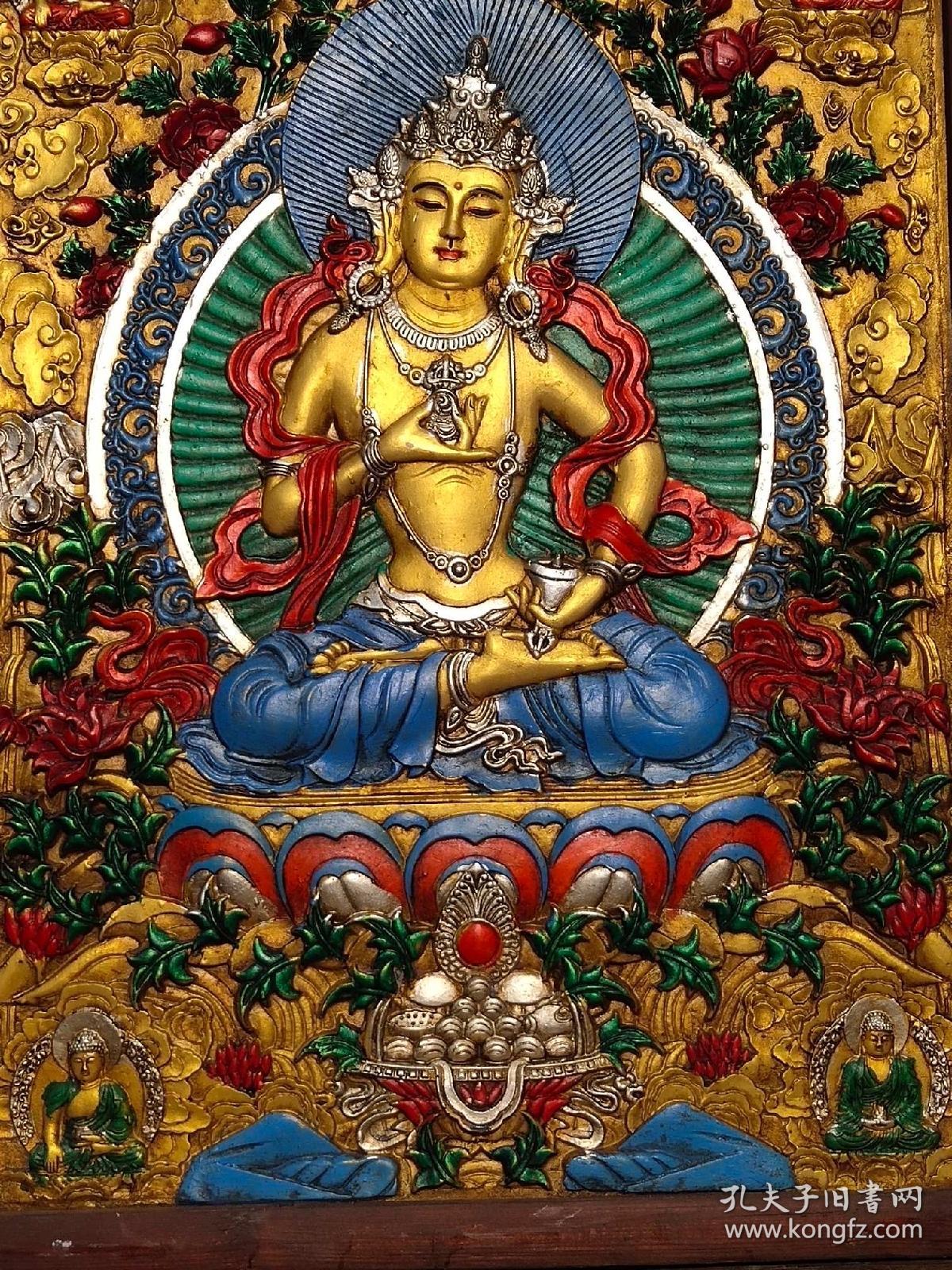 旧藏木框彩绘唐卡西藏佛像金刚萨埵藏佛一尊恭请供奉家居装饰挂画高76