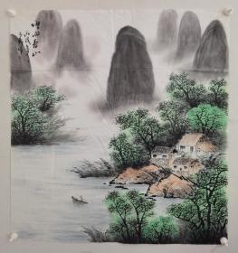 天野,著名画家作品《烟雨春山》作品保真手绘尺寸大,97x90,品相自然旧