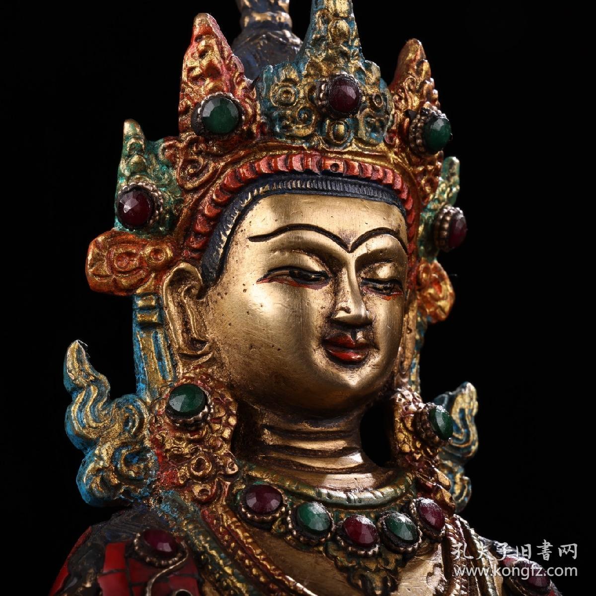 旧藏西藏收老纯铜镶嵌宝石彩绘描金藏传长寿佛佛像一尊品相保存完好