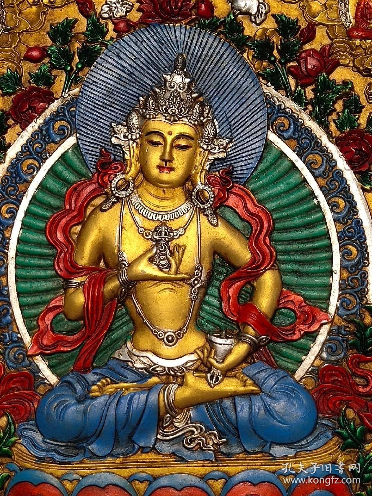 旧藏木框彩绘唐卡西藏佛像金刚萨埵藏佛一尊恭请供奉家居装饰挂画高76