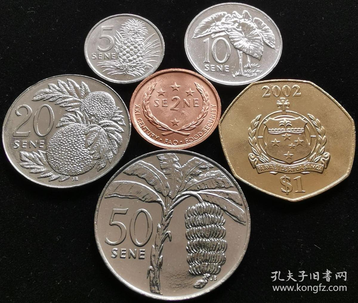 菠萝杨梅香蕉 萨摩亚2000-2002年硬币6枚一套 2-5-10-20-50分-1元